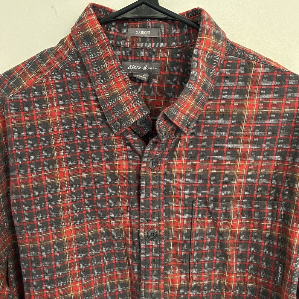 Eddie Bauer Men's Classic Fit Flannel Shirt Red Black Plaid 100% Cotton Size XL